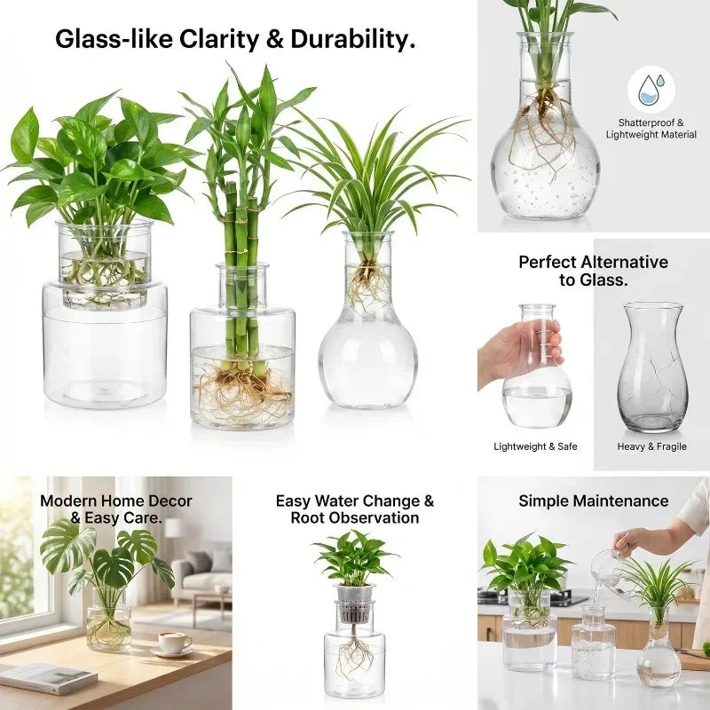 1/5x Transparent Hydroponic Flower Pot Planting Rooting Container Tabletop Plants Bonsai Office Table Home Gardening Decoration