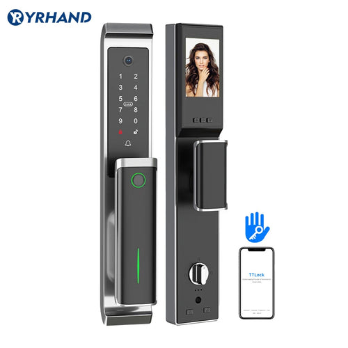 Biometric electronic smart door lock with keypad, fingerprint reader, and latch handle