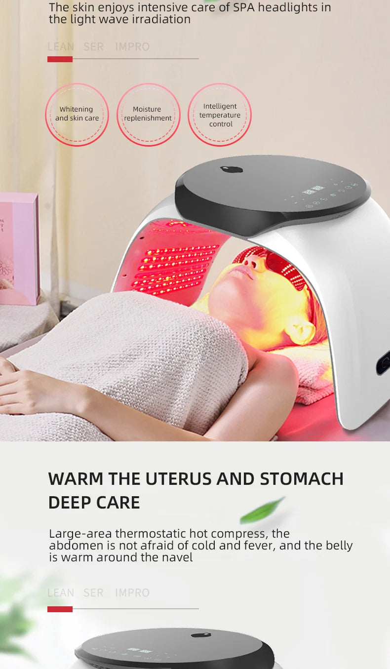 7-color LED light therapy facial mask for skin rejuvenation with red light, infrared, and nano spray technology.