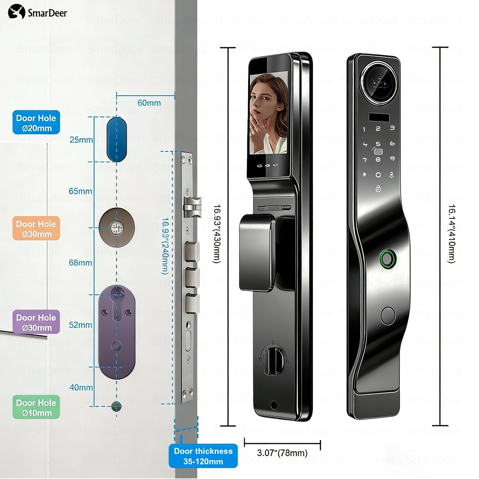3D Facial Recognition Smart Door Lock with Video Doorbell Camera, Tuya WiFi Fingerprint Password Keyless Security Lock