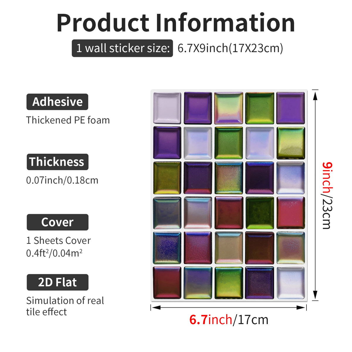Multi-color iridescent mosaic tile wall sticker sheet with glossy 3D square blocks
