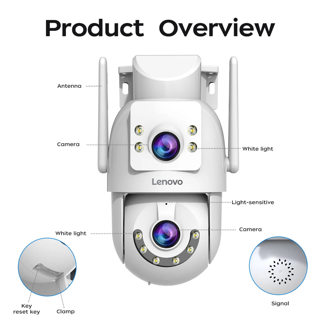 Lenovo 8MP Outdoor Security Camera with Dual Lens AI Tracking PTZ Color Night Vision Waterproof Home Surveillance Protection
