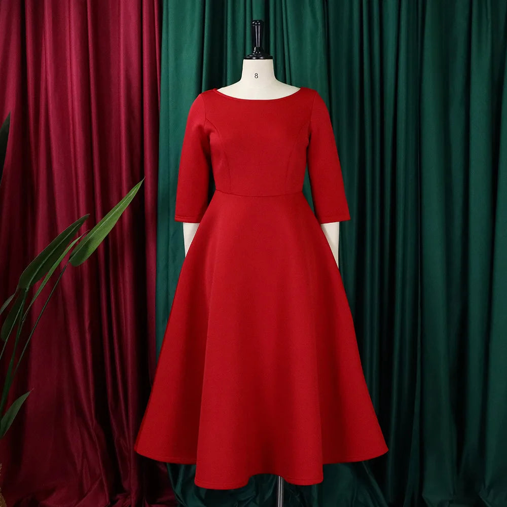 Elegant Pure Color Maxi Dress Evening Gown A- Line Skirt Polyester Fabric round Neck Short Sleeve High Waist Midi Dress