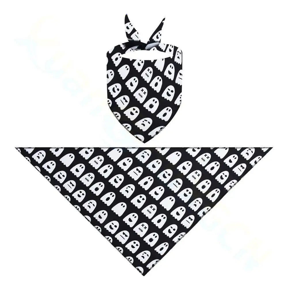 Black and white ghost print dog and cat bandana for cute Halloween pet costumes and spooky holiday dressing up.