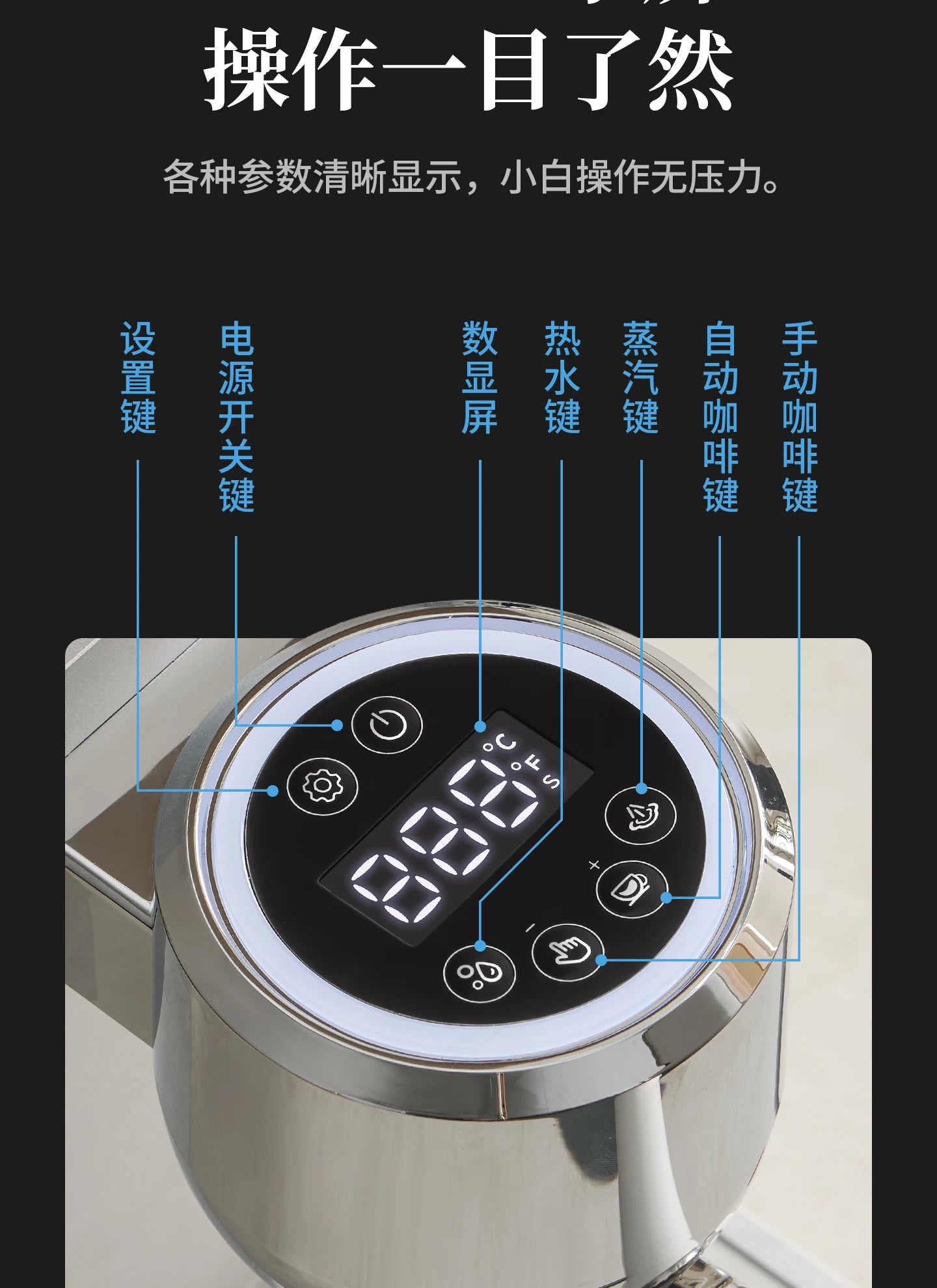 Chrome digital display control panel of a stainless steel coffee machine with touch buttons and temperature readout.