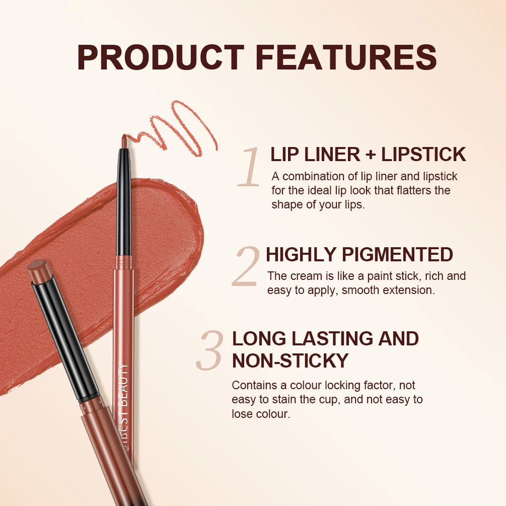 QIBEST 2pc waterproof matte nude lipstick and lip liner set with highly pigmented, long-lasting creamy texture.