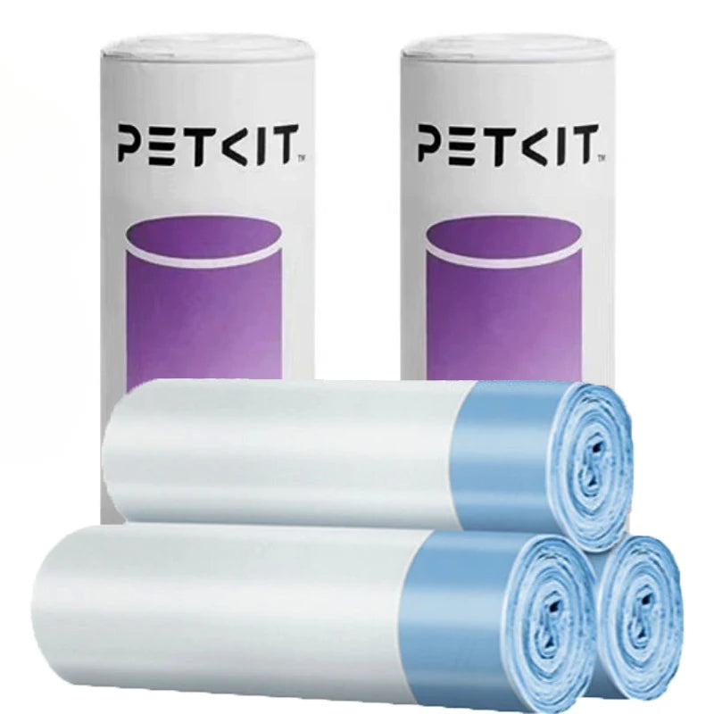 PETKIT smart cat litter waste bags, large capacity, durable white and blue rolls for easy pet cleaning and odor control.