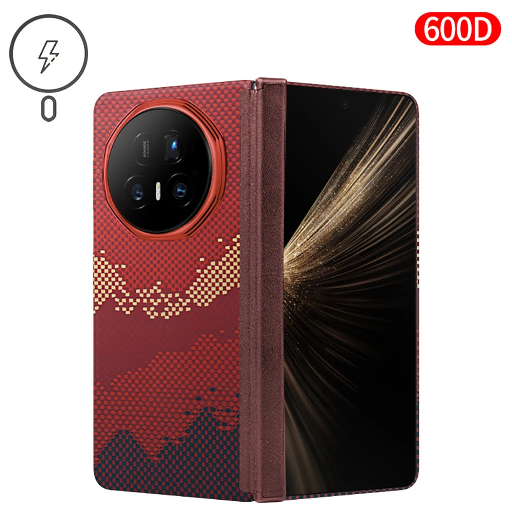 Red 600D carbon fiber foldable phone case with a circular camera cutout and a protective, textured finish.