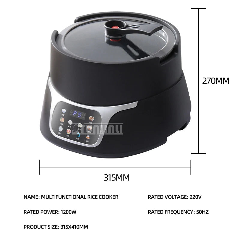 Black multifunction rice cooker with stainless lid and built-in control display, size labeled