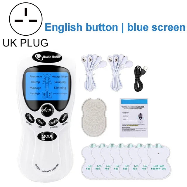 Digital therapy machine with blue LCD screen, white body, electrode pads, connector cables, and UK power adapter.