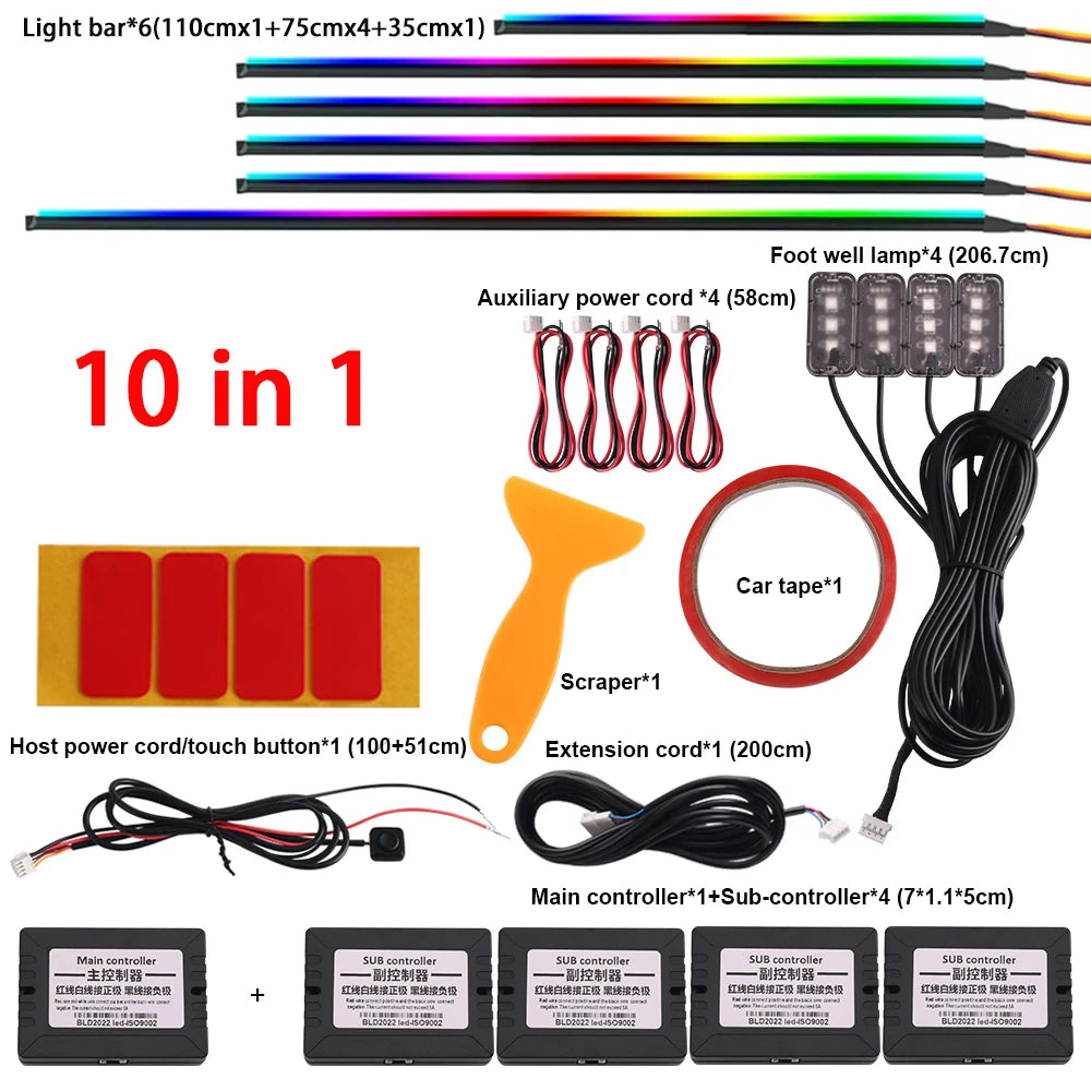 RGB LED Interior Car Strip Lights with App Control and Sync 10 in 1 Full Color Tidesmit