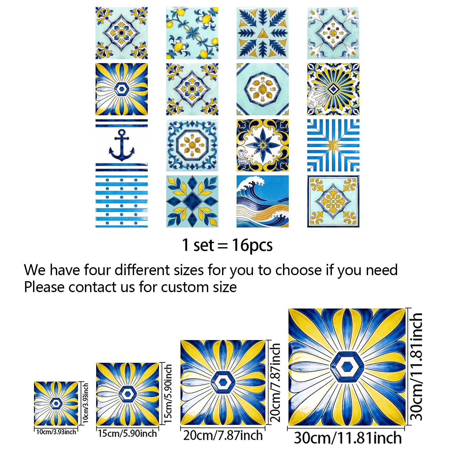 16pcs Portuguese Azulejo Tile Decals - Blue Yellow Floral Geometric Self-Adhesive Wall Stickers for Home Decor