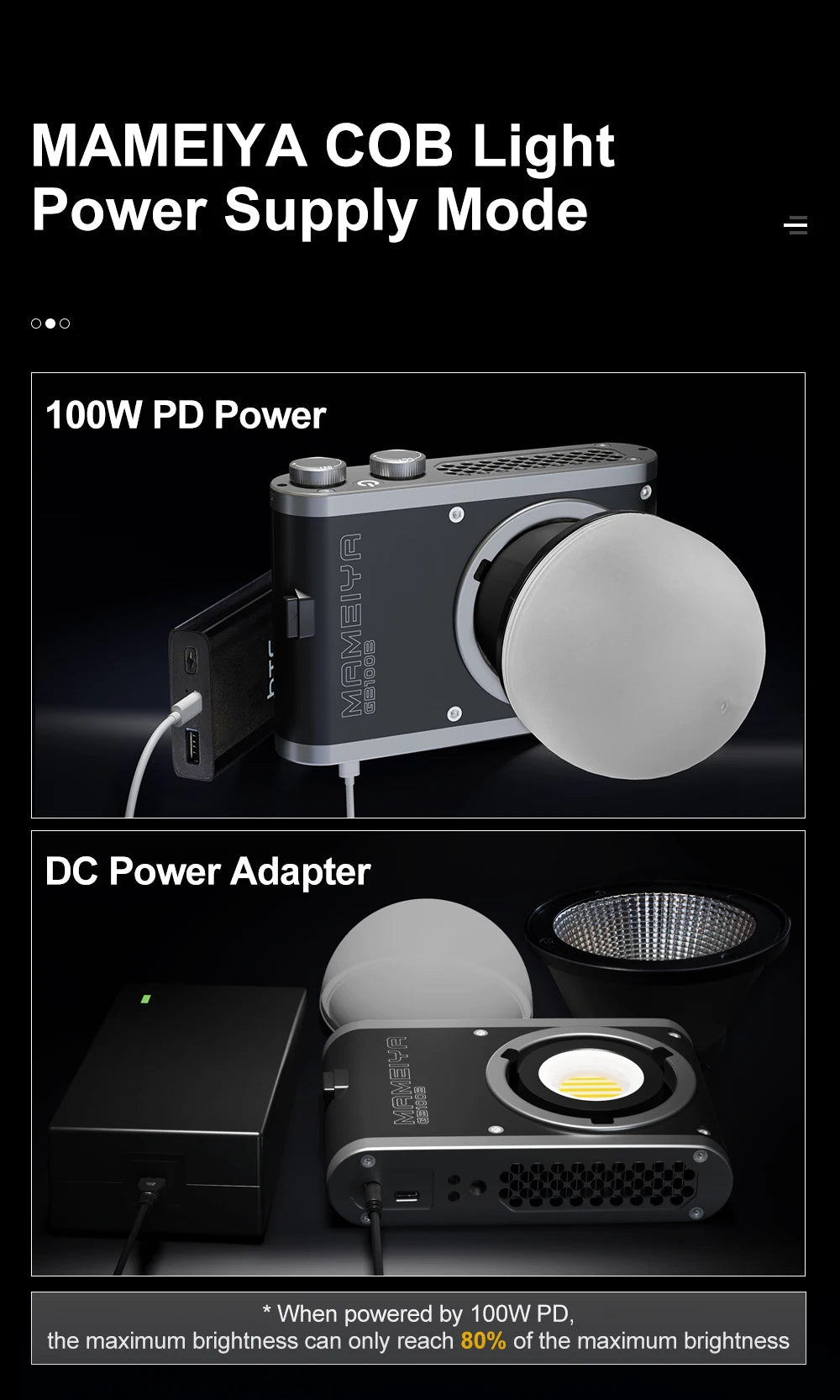 Compact gray rectangular COB LED light shown with a dome diffuser, power bank, and DC adapter power options.