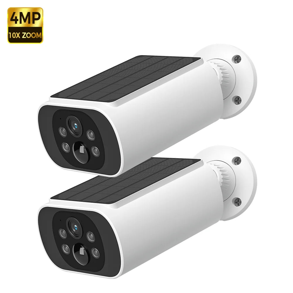 Outdoor solar security camera set, two white wall-mount units with solar panels