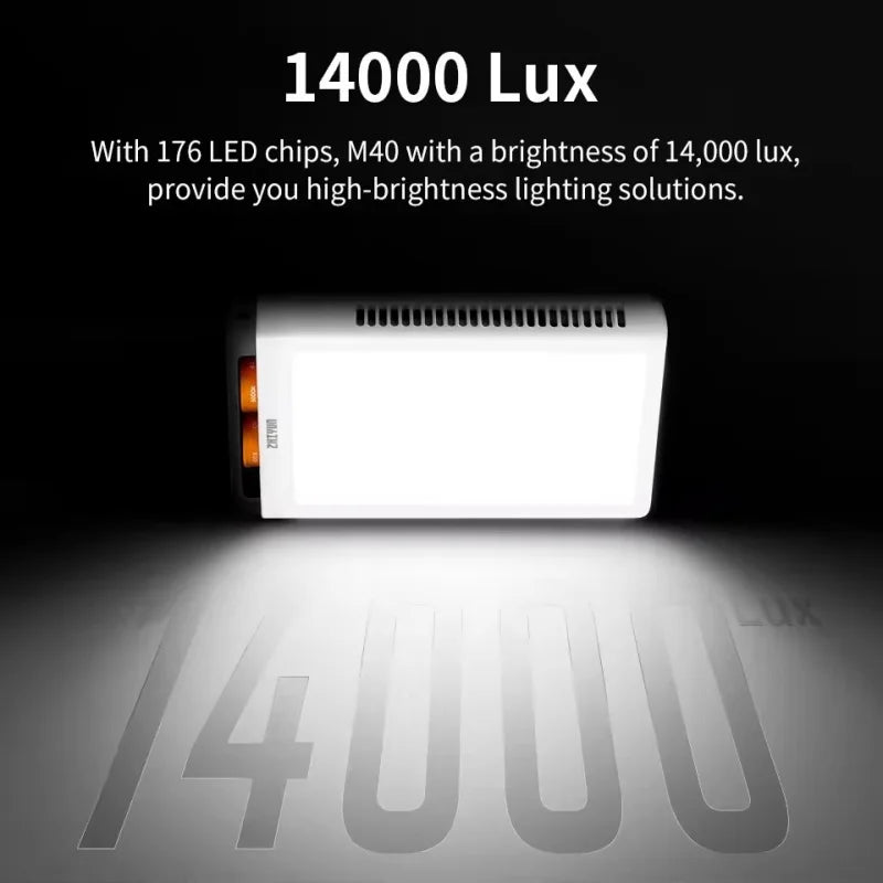 M40 portable LED light panel, white rectangular design with 176 chips, emitting bright light for photography.