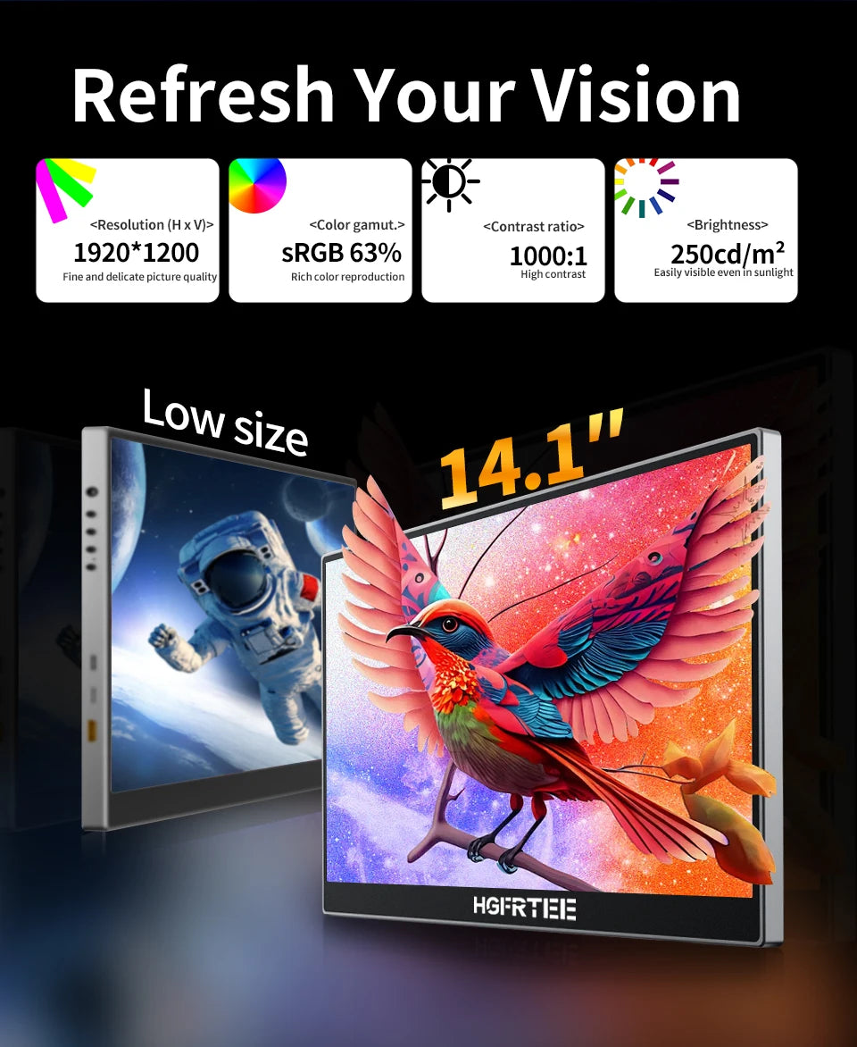 HGFRTEE 14.1 Inch Portable Monitor 1200P 16:10 Aspect Ratio 63%sRGB Second Screen for Laptop Gaming Compatible with Switch PS4/5