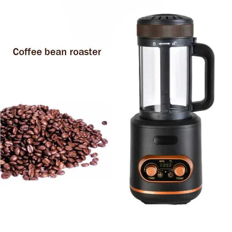 Black electric coffee bean roaster with digital display, glass chamber, and pile of roasted coffee beans.