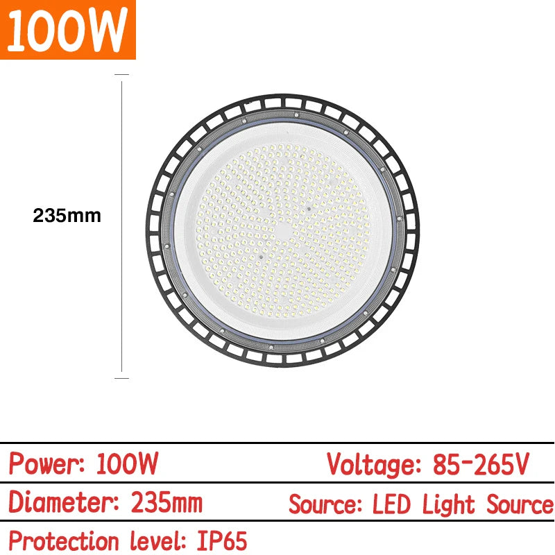 100W UFO LED high bay light with black ring, round lens, 235mm diameter