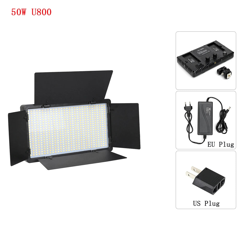 U800 50W LED video light with black barn doors, power adapter, and EU/US plug adapters for photography lighting.
