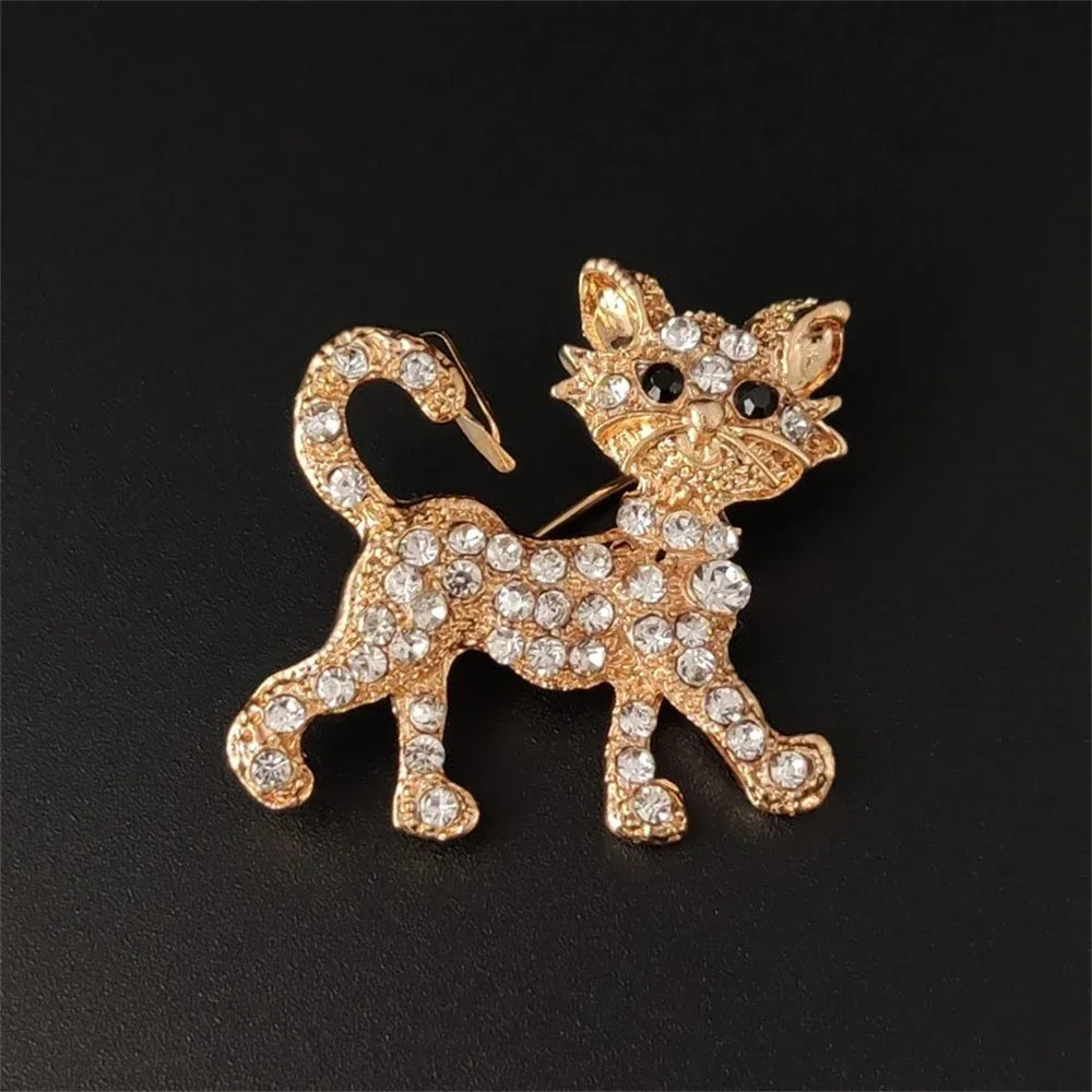 Gold-tone sparkling crystal cat brooch lapel pin for clothes, perfect cat lover gift or memorial accessory.
