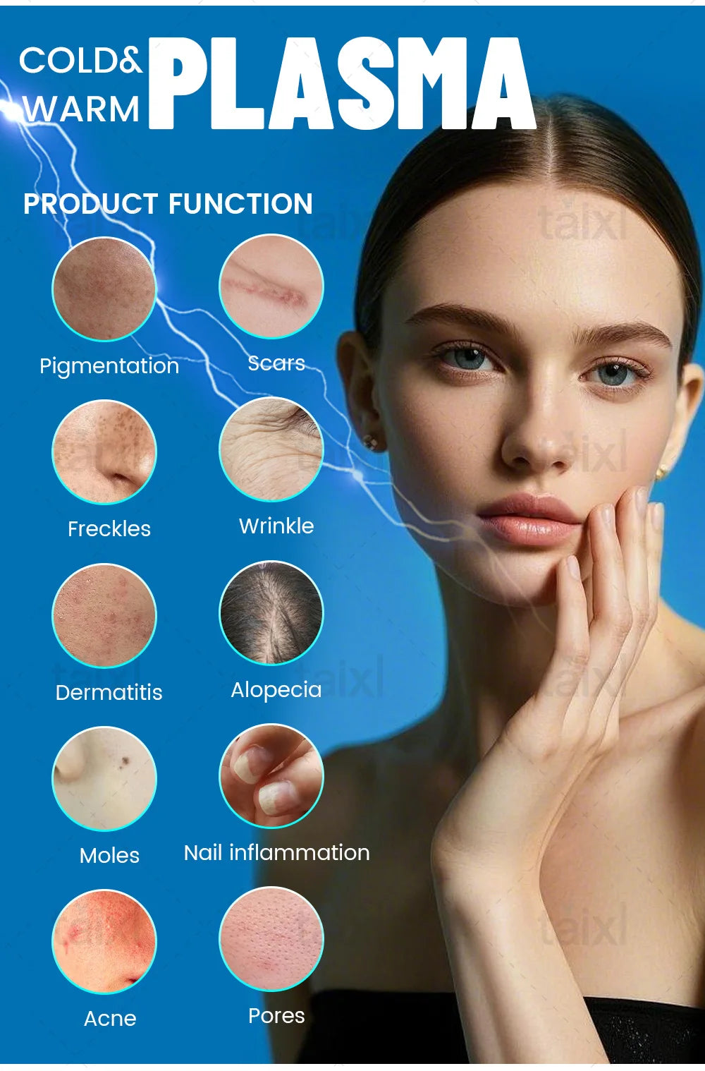Tidesmit 8-in-1 medical grade plasma therapy device showing detailed adjustable hot and cold facial treatment probes.