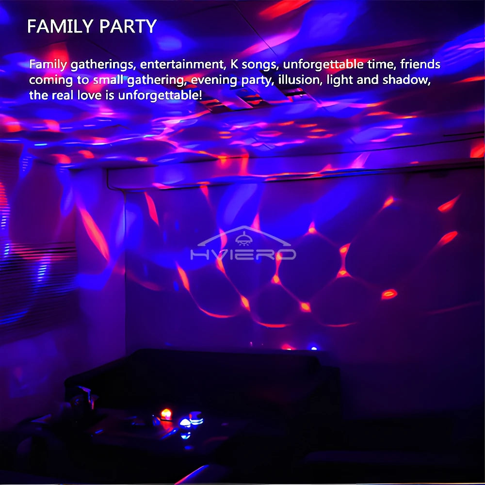 Small dome party light casting red and blue rippling water patterns onto walls and ceilings for ambient home decor.