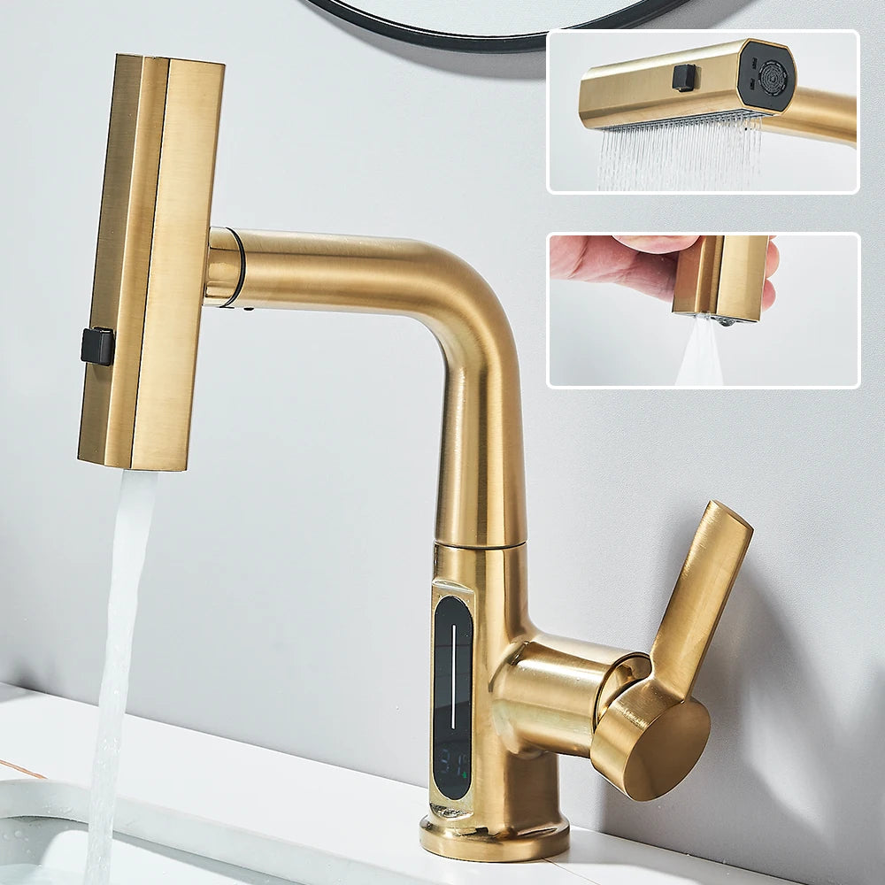 Waterfall Temperature Digital Display Basin Faucet Lift Up Down Stream Sprayer Hot Cold Water Sink Mixer Wash Tap For Bathroom
