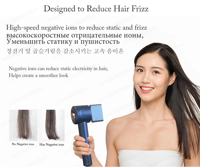 Blue leafless ionic hair dryer with styling nozzle for frizz-free, professional salon-quality hair styling.