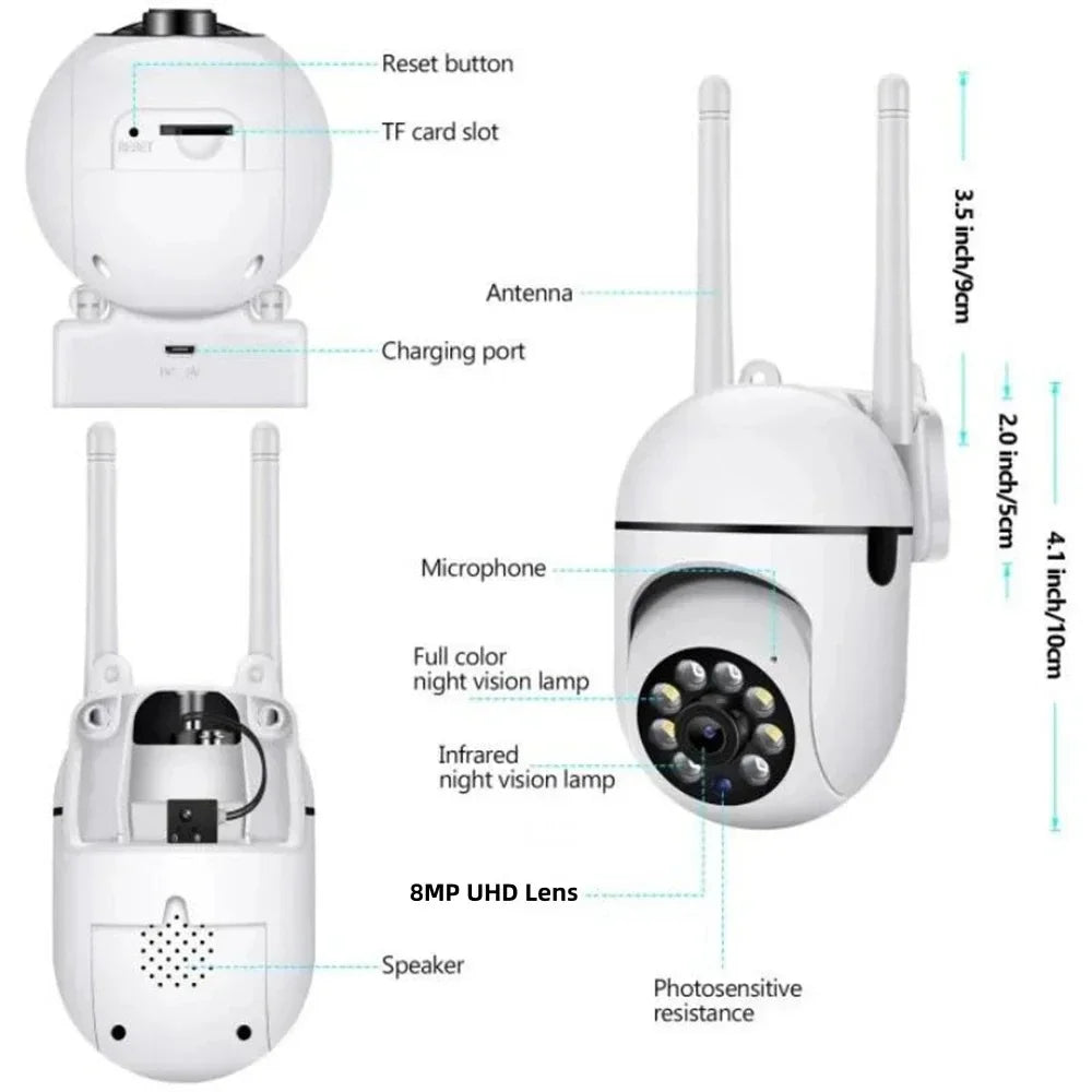 8MP Wifi Surveillance Camera Wireless Security PTZ IP Camera Color Night Vision AI Human Tracking CCTV Camera 4X Digital Zoom