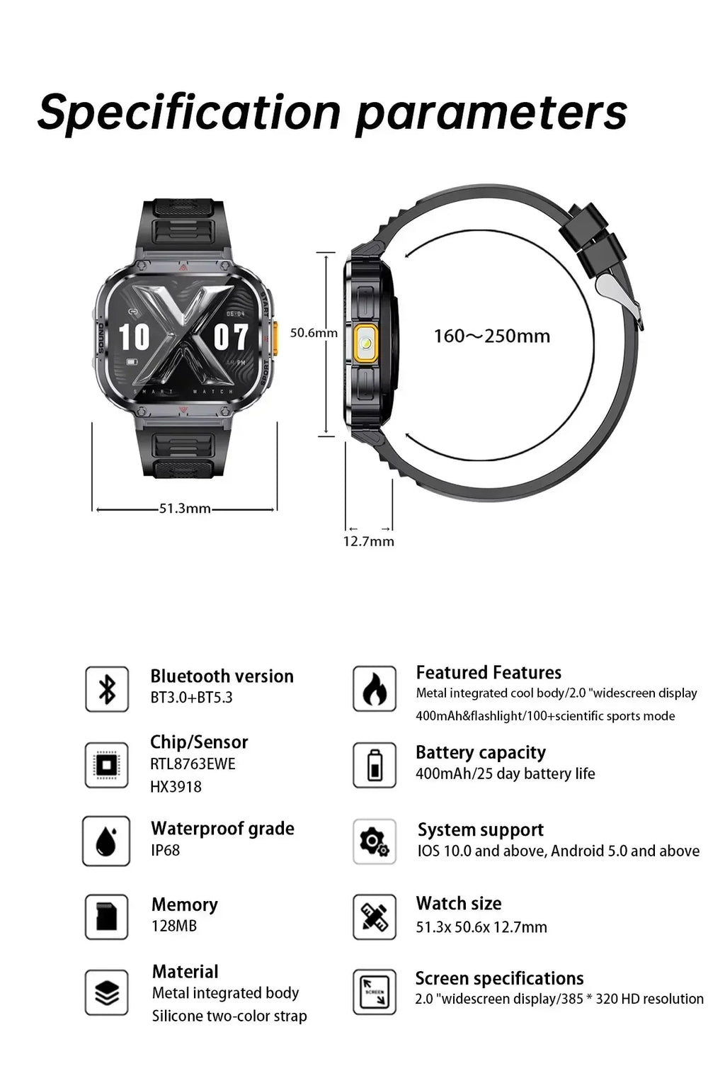 New Smart Watch Men LED Light Flashlight BT Call Music Player Sport Fitness Bracelet Calories Ultra Large Screen Smartwatch