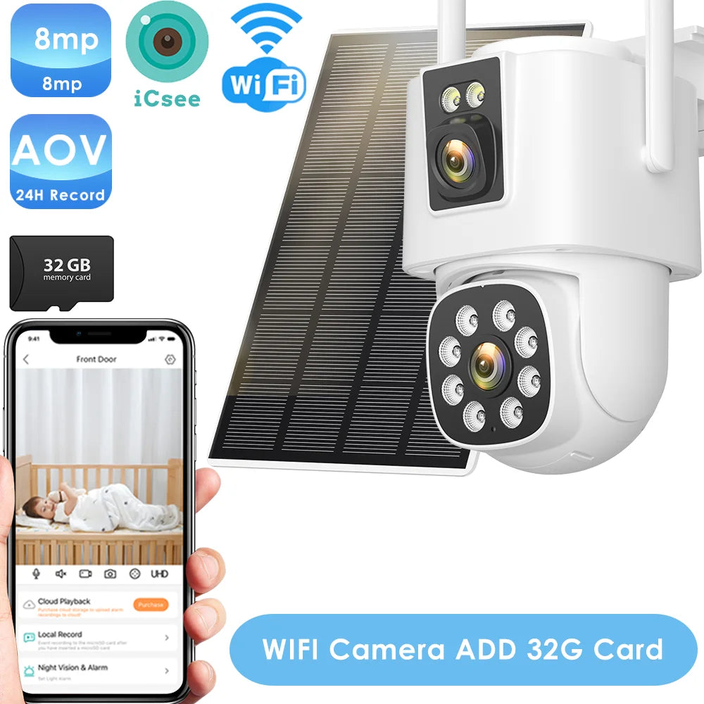 White outdoor solar PTZ Wi‑Fi security camera with dual lens and 32GB card