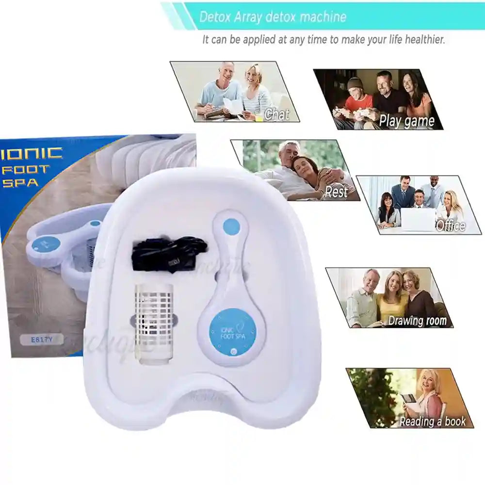 White ionic detox foot spa basin with vibration care array and controller for revitalizing home body energy therapy.