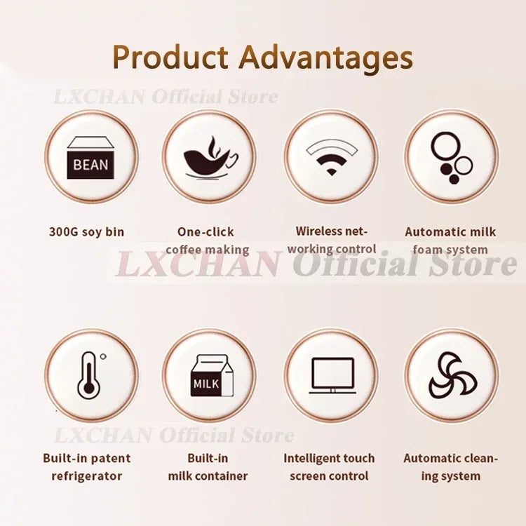 LXCHAN coffee maker features: 300g bean bin, automatic milk foamer, Wi-Fi, touch screen, fridge, and auto-clean.