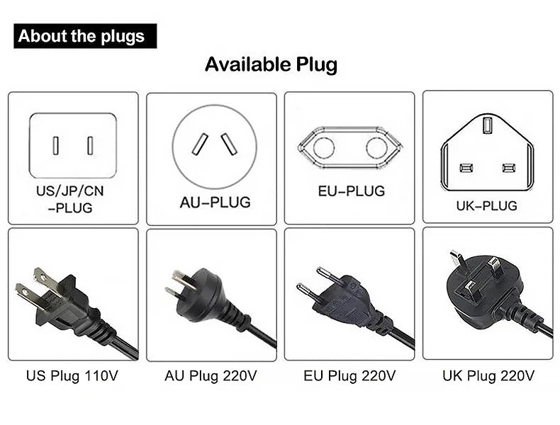 High-speed ionic hair dryer power adapter options: US, AU, EU, and UK plug types for worldwide voltage compatibility.