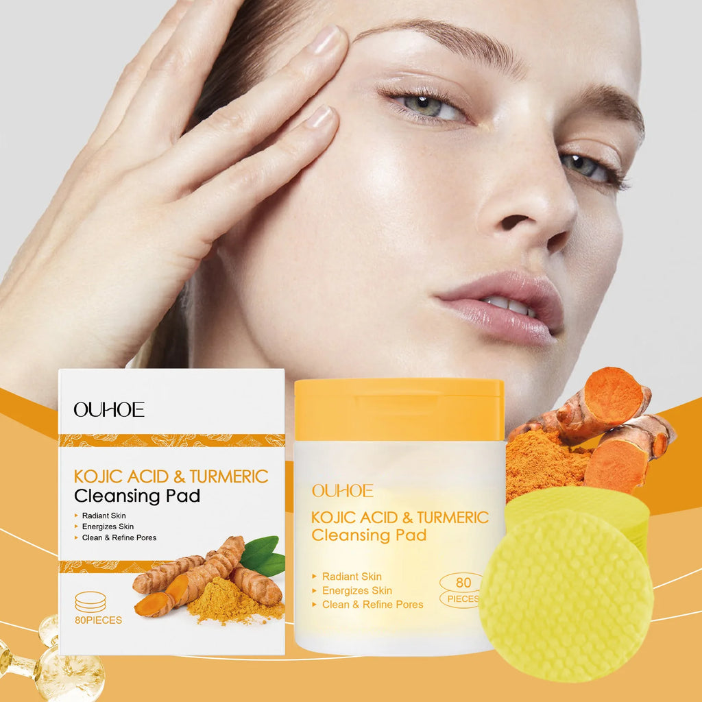 OUHOE Turmeric Kojic Acid Exfoliating Cleansing Pads Fade Dark Spot Oil Brightening Moisturizing Whitening Facial Sponges Cotton