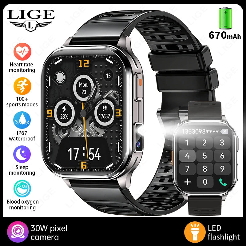Smartwatch with black case and black strap, showing keypad and digital time