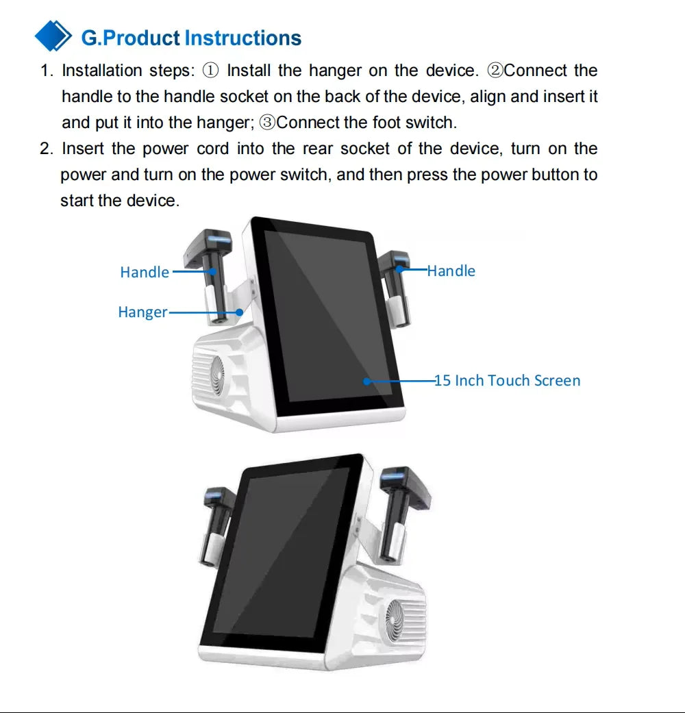 Multifunctional 3-in-1 facial beauty machine with 15-inch touch screen, white casing, and two handheld applicators.