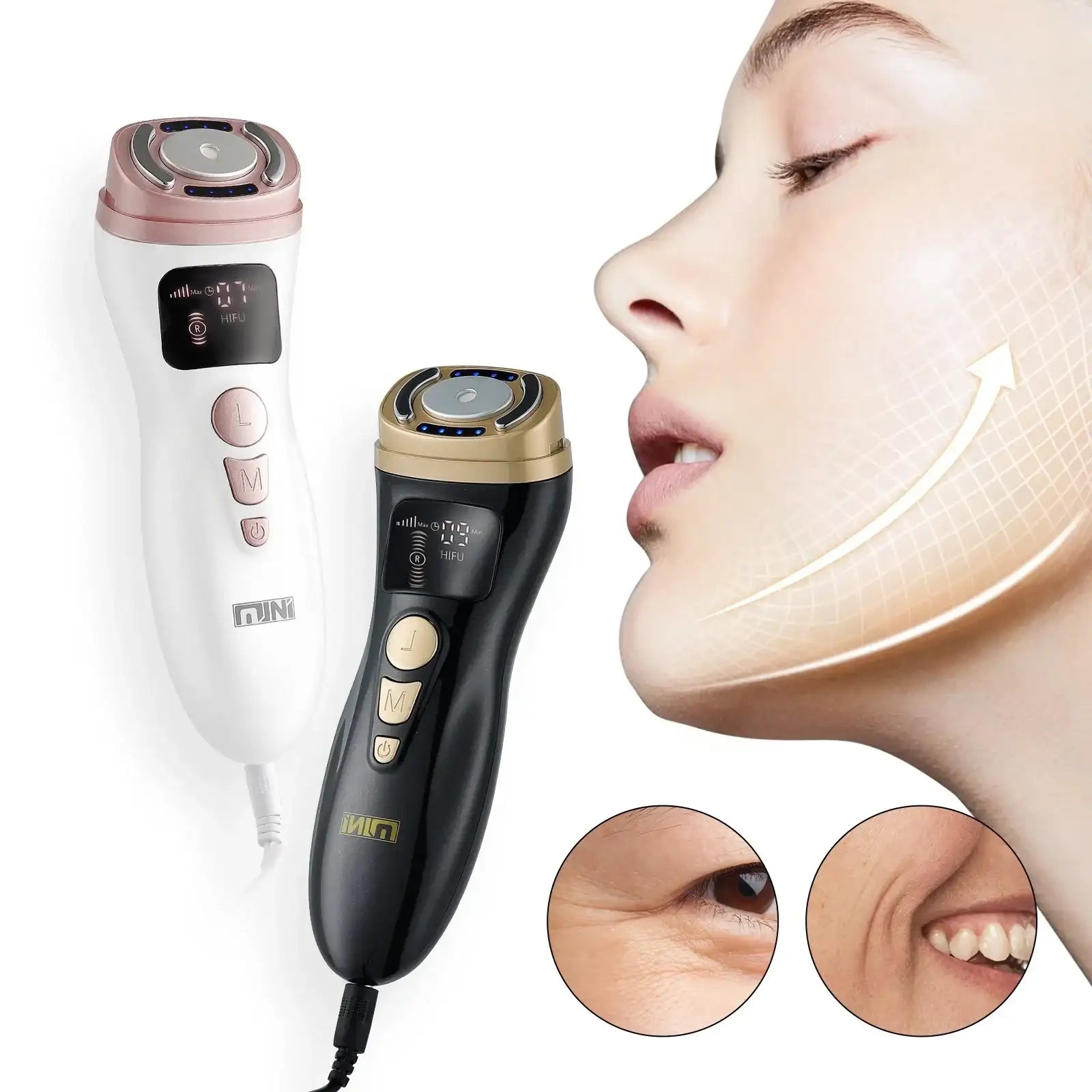 Two handheld HIFU facial tightening devices in white and black with digital screens and buttons, next to a model's face.