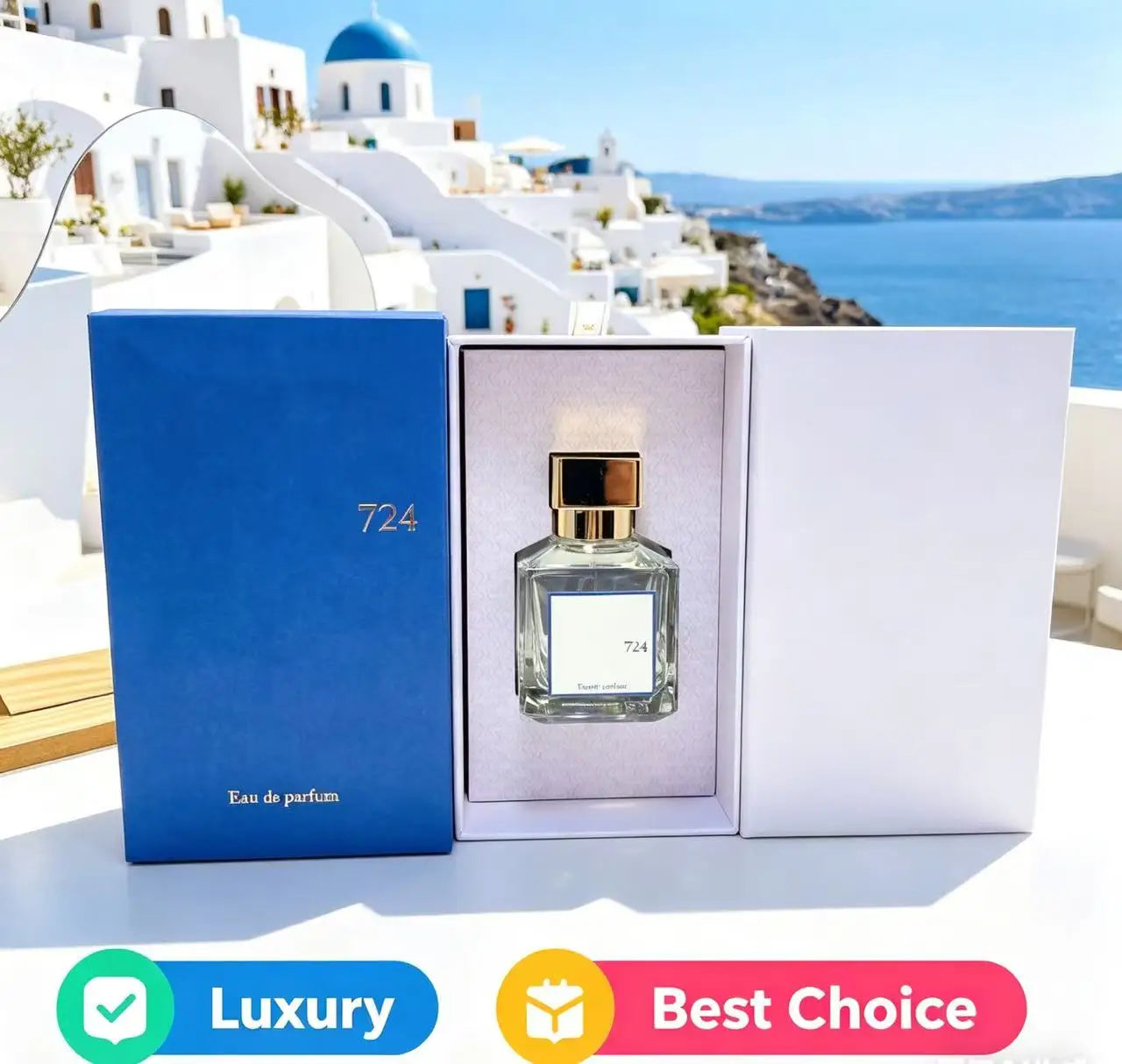 724 Eau de Parfum for men & women. Square glass perfume bottle in blue luxury gift box. Lasting floral musk fragrance.