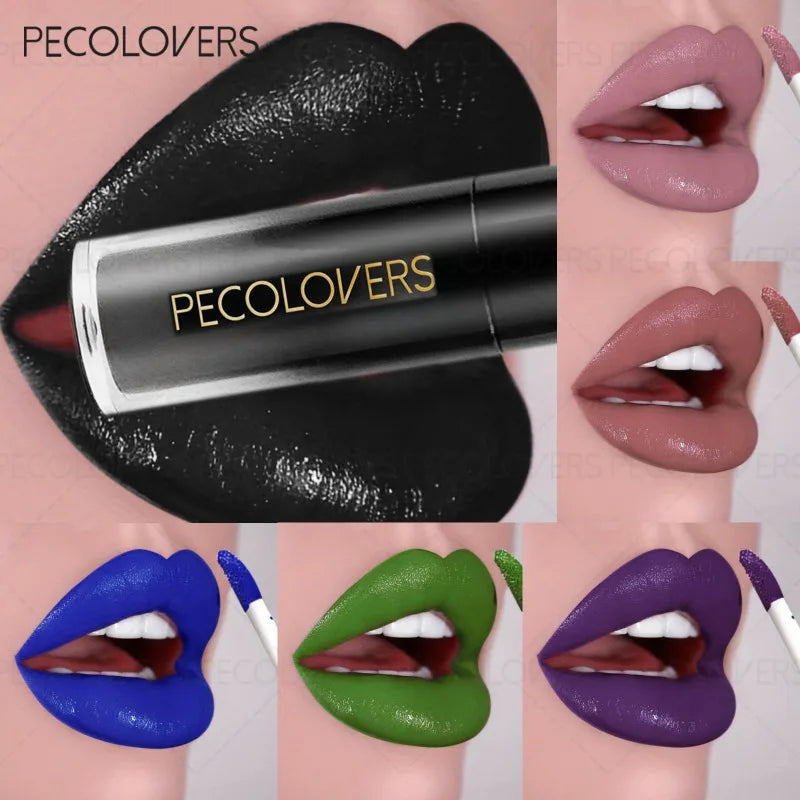 PECOLOVERS waterproof matte lip gloss in a black tube, featuring vibrant long-lasting shades for a plump lip finish.