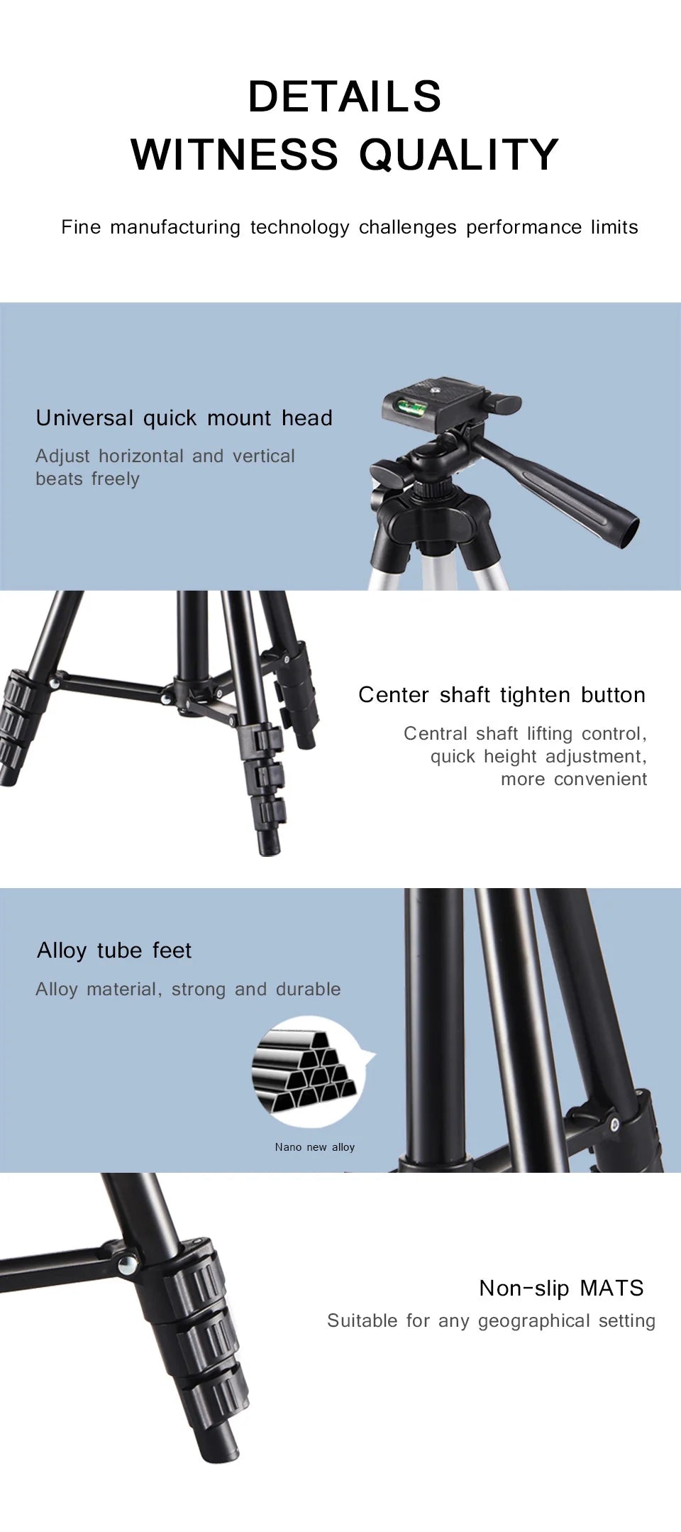 Black alloy camera tripod featuring a quick-release head, adjustable center column, and non-slip rubber feet.
