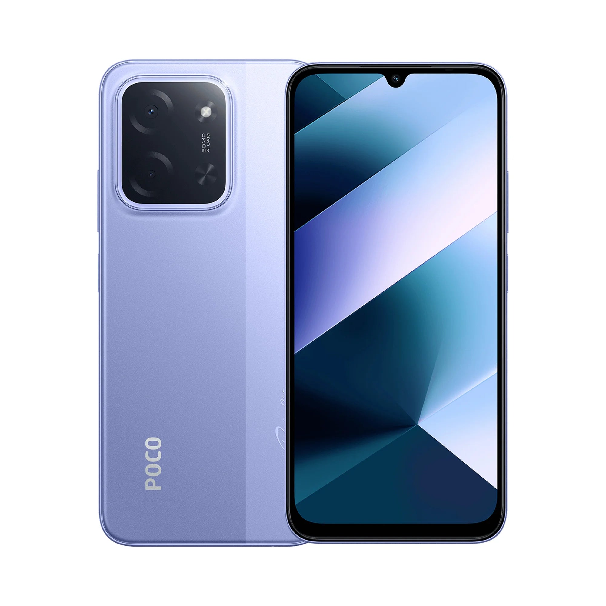 Light purple smartphone with a 50MP dual-camera module, a teardrop notch screen, and a flat-edge design.