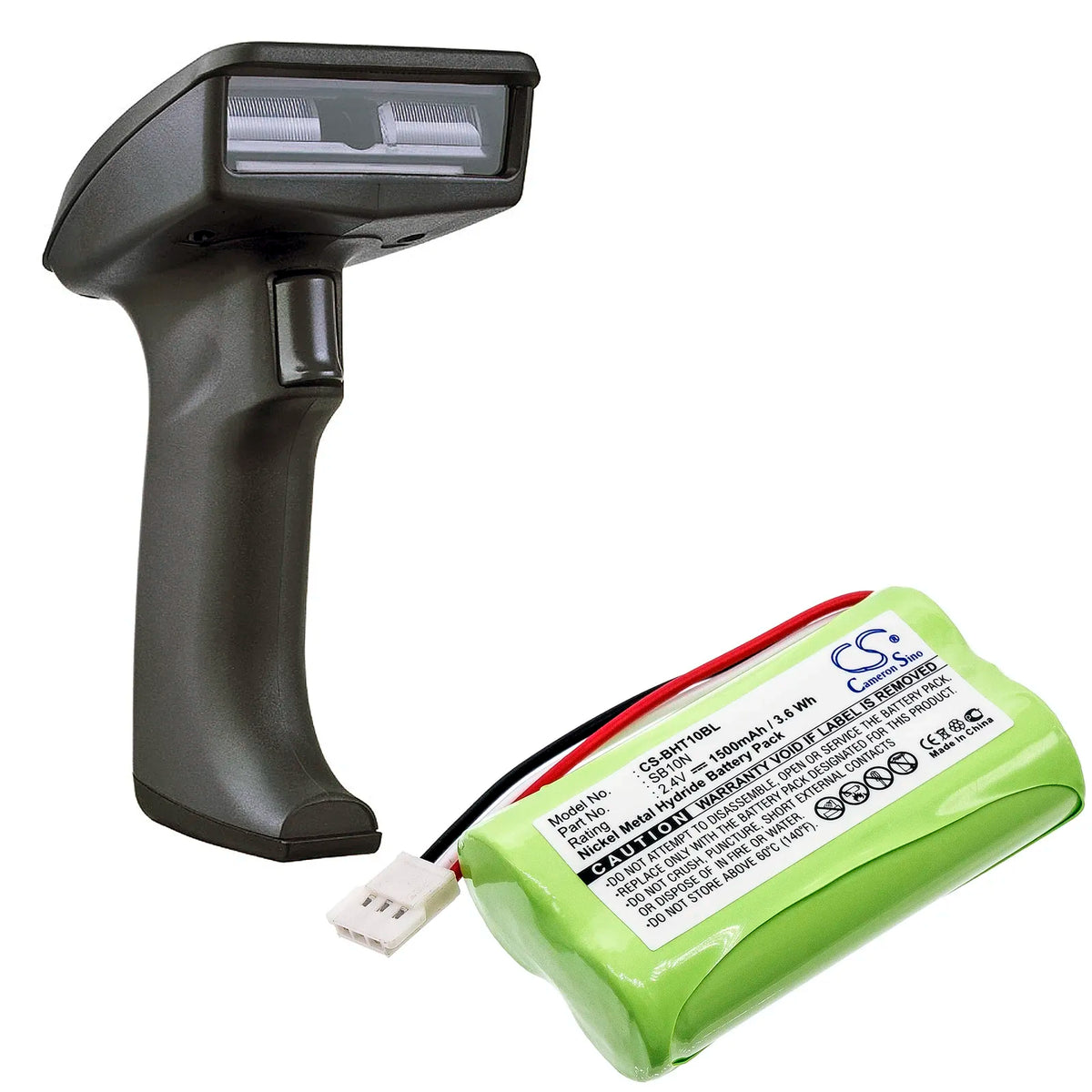 Handheld barcode scanner with green battery pack and white connector attached