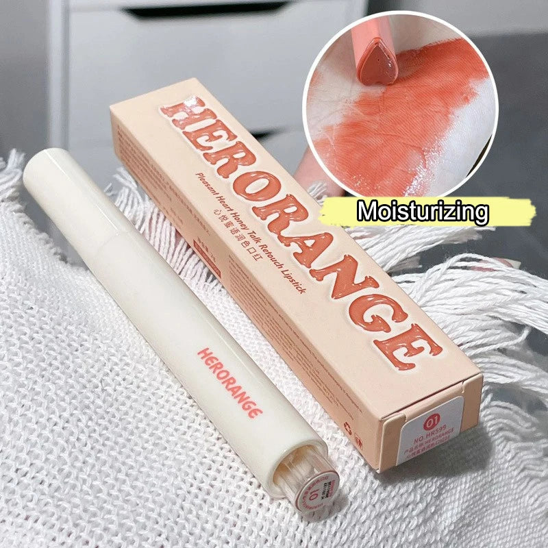 Herorange moisturizing heart-shaped lipstick pen with glossy coral water-light finish and elegant cream packaging.