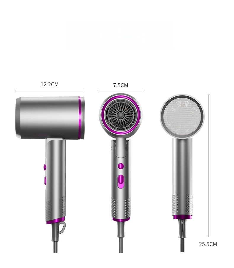 2400W foldable hair dryer in silver and purple with compact ergonomic design and dimensional technical specifications.