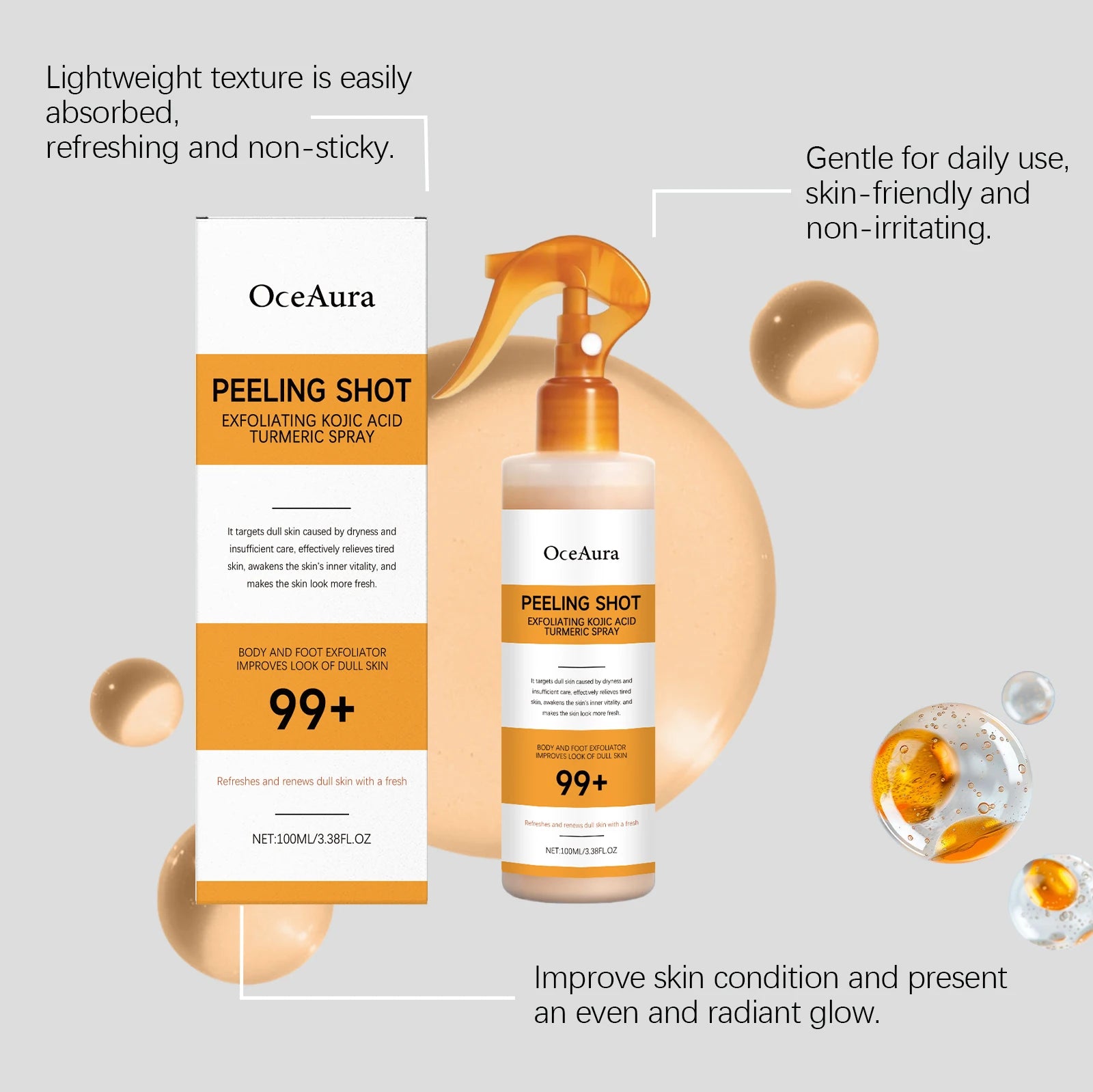 OceAura Peel Shot Kojic Acid Turmeric Spray Dead Skin Remover Smooth Body Exfoliant Improve Dullness Refreshing Hydrating Spray