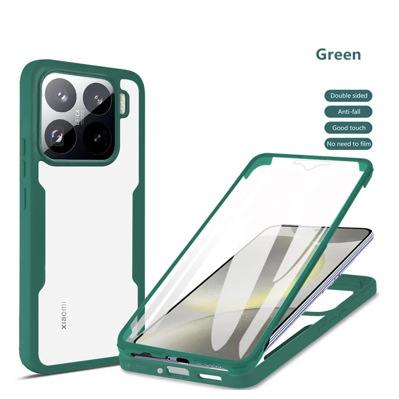 Green shockproof 360 full-cover armor case for Xiaomi Pro, featuring anti-fall protection and built-in screen protector.