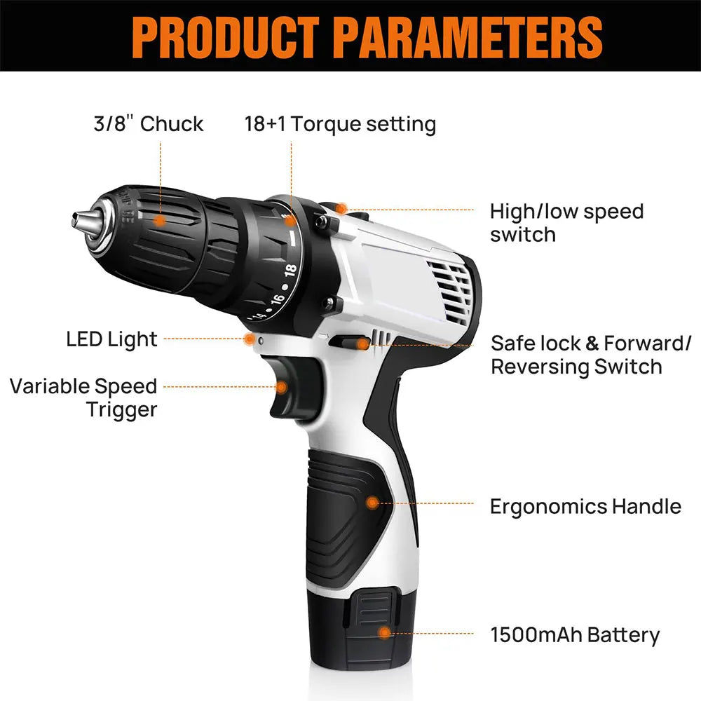 Podofo Cordless Drill Driver Kit with Battery 12V Multi-Function Electric Screwdriver Driver Tool Kit Home Repair DIY Power Tool