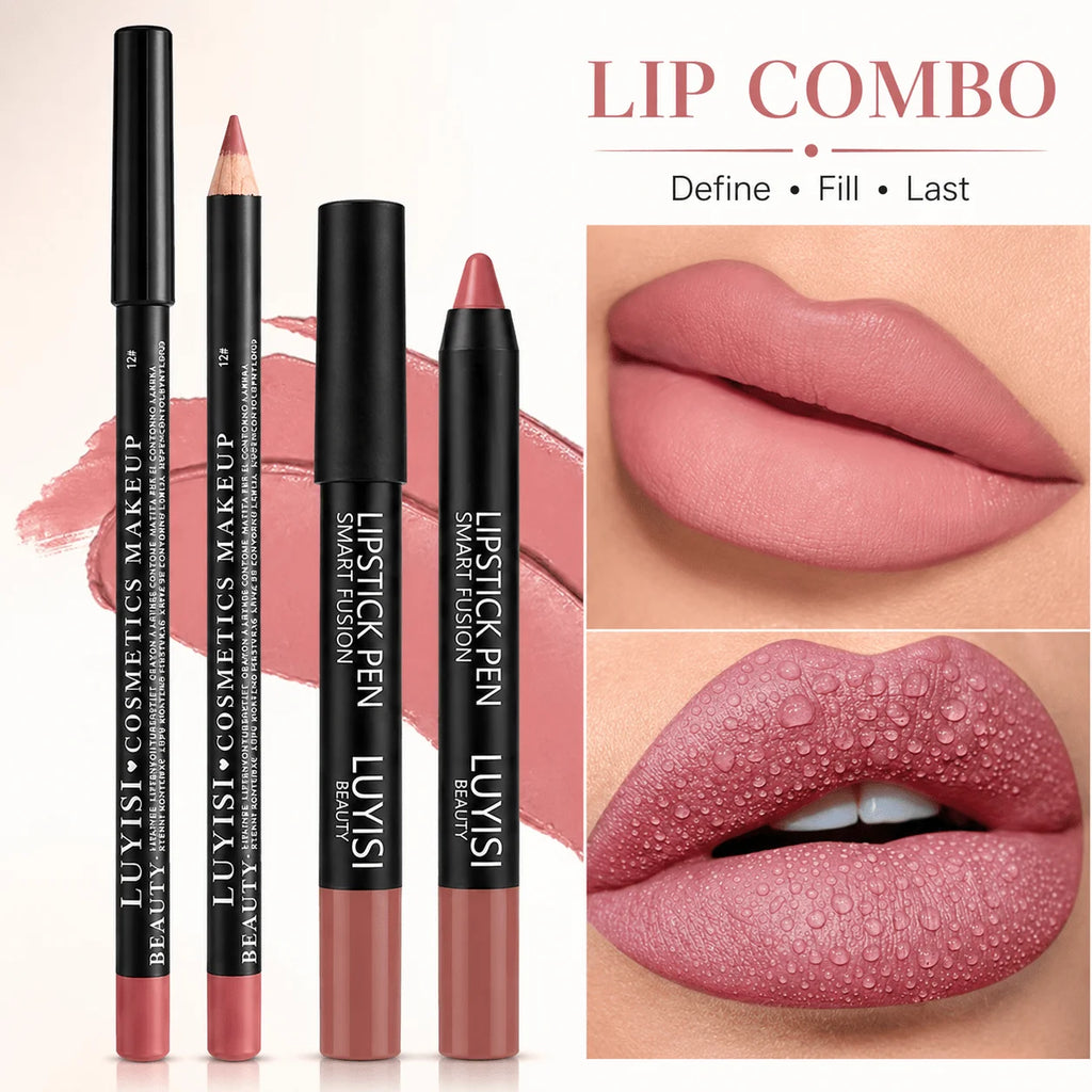 2pc velvet matte lip set: pink lip liner and waterproof lipstick pencil for long-lasting, smudge-proof lip makeup.
