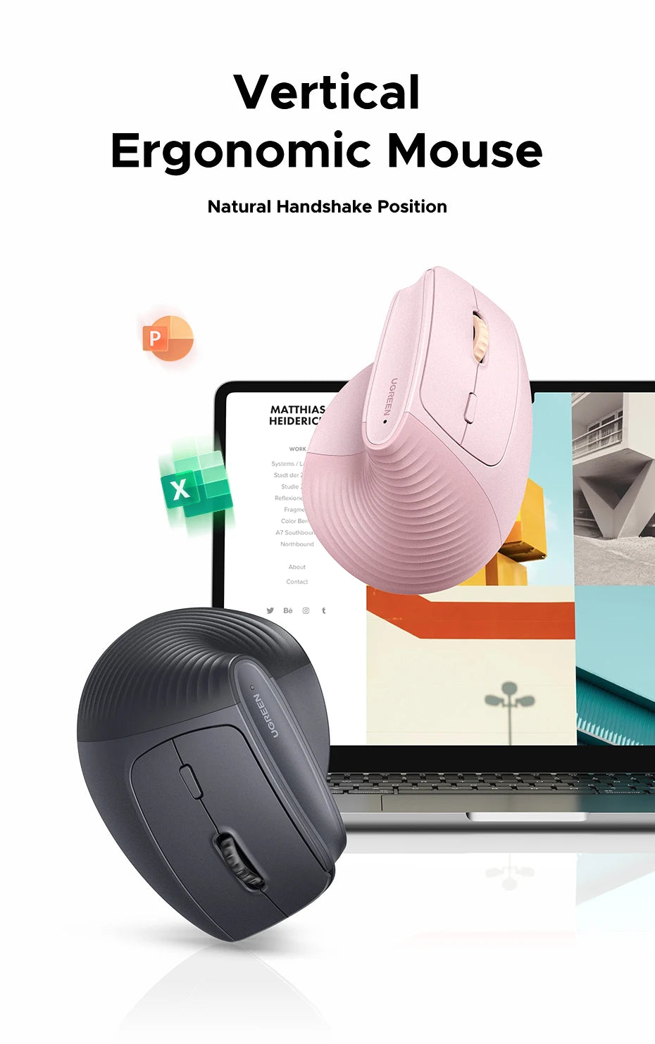 UGREEN Vertical Wireless Mouse 2.4G Ergonomic 4000DPI 6 Mute Buttons for MacBook Tablet Laptops Computer PC Mice Black Pink